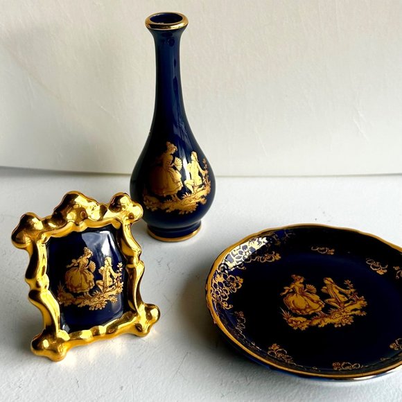 Limoges France Cobalt Blue & 22KT Gold Miniature Vase, Plate, Frame SET OF 3 - Picture 9 of 11
